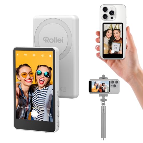 Ecran Moniteur Selfie, Rollei Easy Creator Selfie Monitor Caméra Arrière Magnétique Écran Telephone Portable pour iPhone et Android pour TikTok Live Stream Vlog Blanc Ecran-Téléphone-Selfie-Moniteur
