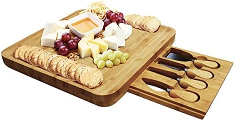 Natural Bamboo Cheese Board Set with Knives &amp; Forks &amp; Slide-Out Drawer