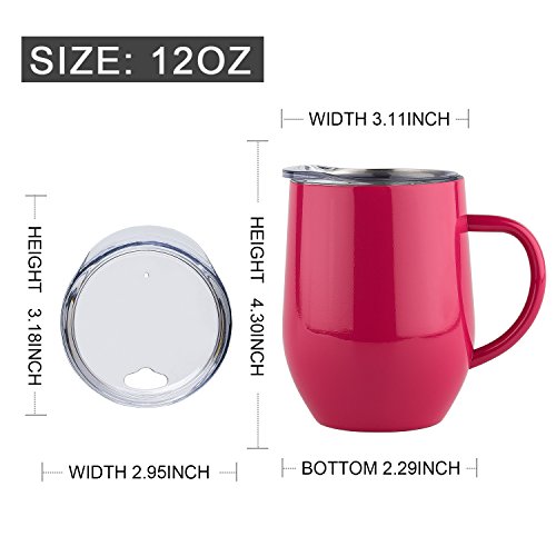 DOKIO 12 oz Coffee Mug Cup With Handle Red Stainless Steel Double Wall Vacuum Insulated With Crystal Clear Lid Great For Ice And Hot Drink Wine Glass For Home Office Outdoors
