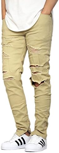 MEN'S KHAKI DESTROYED ANKLE ZIPPER SKINNY JEANS