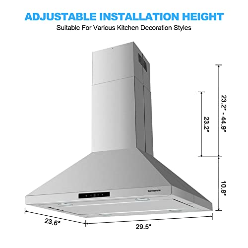 30 Inch Island Range Hood, thermomate 350 CFM Silver Stainless Steel