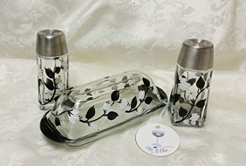 Hand Painted Glass Butter Dish With Black and White Floral Vine Pattern