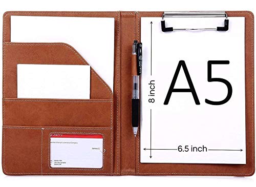 Junior Padfolio Clipboard Small for 7"x 9" Writing Pad Refillable, Mymazn Faux Leather Folder A5 for Folio Notepad Legal pad 5 x 8 Junior Size Folio Portfolio (Brown)