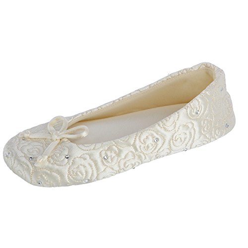 ISOTONER Women's Rose Quilted Satin Ballerina Slippers with Rhinestones Ivory Medium 6.5-7.5
