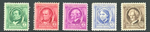 Famous American Authors: Washington Irving, James Fenimore Cooper, Ralph Waldo Emerson, Louisa May Alcott, Samuel Clemens (Mark Twain) Complete Set of 5 US Postage Stamps (Scott #859-63)