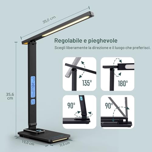 LED Desk Lamp with Wireless Charging - Table Lamp with 10 W Charger, USB Charging Port, Rotating Folding Desk Lamp, Dimmable 5 Levels Touch, 3 Modes