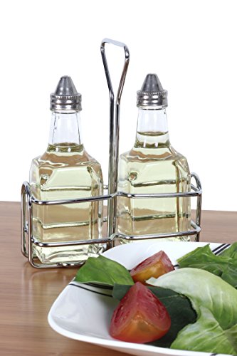 CucinaPrime Oil and Vinegar Cruet Bottles 6 Ounce Bottles with Rack Set