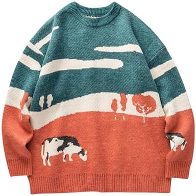Yimoon Men Sweaters Oversized Graphic Casual Cable Knitted Jumper