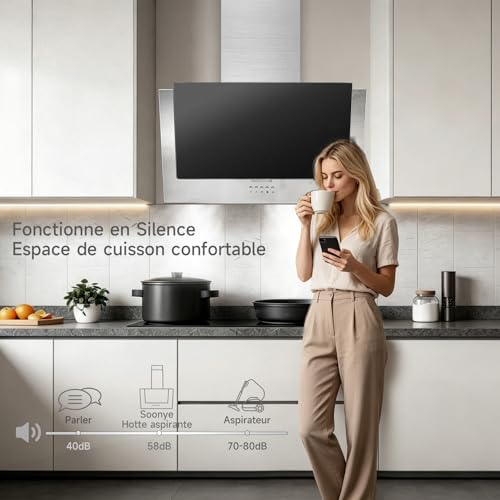 Soonye Inclined Extractor Hood 60 cm Class A+++, Kitchen Hood 370m³/h, Black Frosted Glass, Charcoal Filters Included, Wall Hood for Evacuation or Recycling