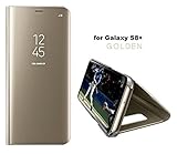 For Samsung S8+, Holder Phone Case Electroplate Clear Smart Kickstand Mirror View Flip Cover Sleep Wake (Gold)