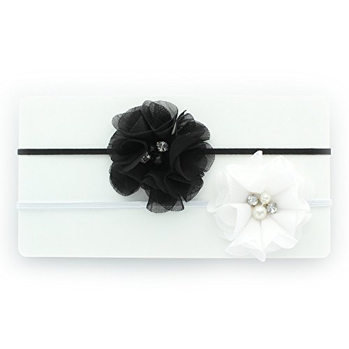 My Lello Infant Baby/Toddler Girls Flower Headbands Chiffon Beaded Flower Skinny Elastic 2 pack (Black/White)