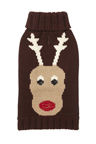 Fab Dog Holiday Reindeer Knit Turtleneck Dog Sweater, Chocolate, 8" Length