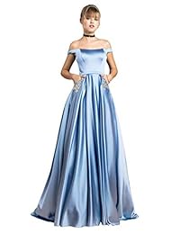 Yilis vestido de fiesta largo formal de satén con cuentas al hombro para mujer, con bolsillos, para fiestas