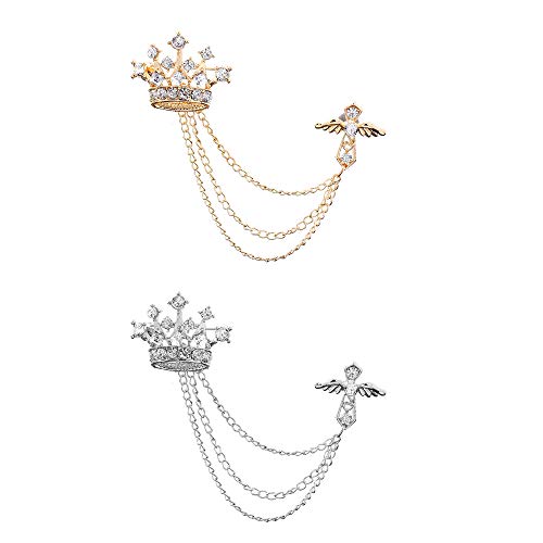 Huture 2Packs Men's Crown Brooch Lapel Pin Badge Hanging Chains Collar Brooches Pin for Career Suit Tuxedo of Shirts Tie Hat Scarf for Boyfriend Father Birthday Gold/Silver