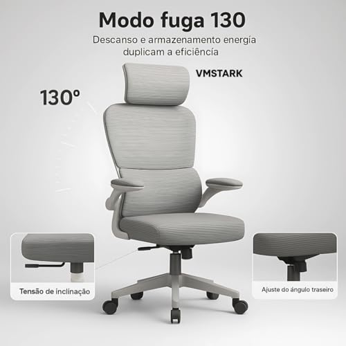 Cadeira de Escritório Cinza VMSTARK com Suporte Lombar Ajustável, Encosto de Cabeça e Design Ergonômico