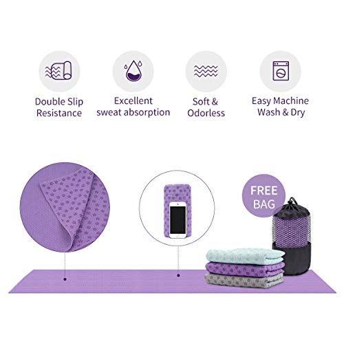 Galsports Non Slip Hot Yoga Towel, Skidless Waffle Texture, 100% Absorbent Odorless Microfiber, Standard Sized 24''x72'' Mat Towel, Ideal for Hot Yoga, Bikram, Pilates (Purple)