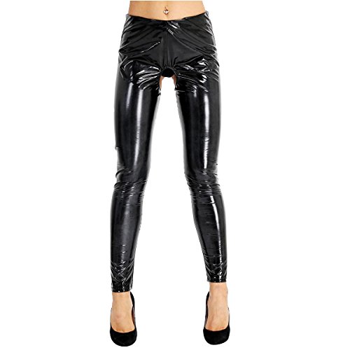 iixpin Damen Wetlook Leggings Stretch PU Lederhose Glänzend Ouvert-Hose Kunstleder Slim Schwarz Smooth Hose S-XL – Bild 5