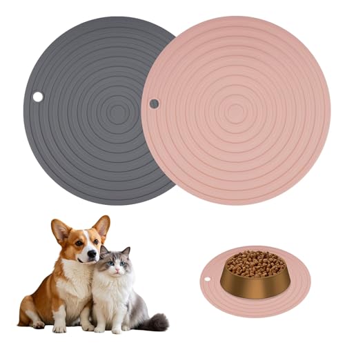 2 Pieces 28 cm Pet Feeding Mats for Dog & Cat Food Bowls, Waterproof Anti-slip Silicone Placemats with Raised Edge, Dishwasher Safe