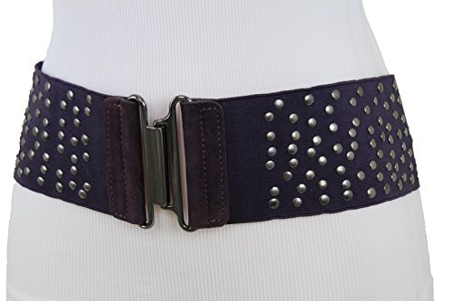TFJ Women Elastic Fashion Belt Hip High Waist Elastic Band Metal Studs M L Eggplant Purple