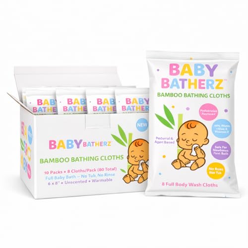 Baby Batherz® Premium Bamboo Bathing Cloths - No-Rinse Newborn Bath, No Tub Needed - Warmable, Fragrance-Free, Sensitive Skin, Cord Safe - 80 Total Cloths at Amazon
