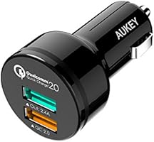 Aukey&reg; Cargador de coche 30W Adaptador 2 Puertos USB [Qualcomm certificado] AIPower 5V / 2.4A + Quick Charge 12V / 1.5A 9V / 2A 5V / 2A con un 20AWG Cable 3.3FT Micro USB - Negro