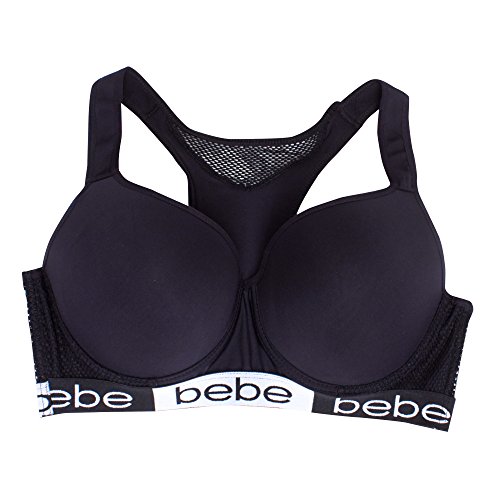 bebe Intimates Bebe Women's Mesh Racerback Workout Athletic Underwire Elastic Band Sports Bra Black Ebony 1X