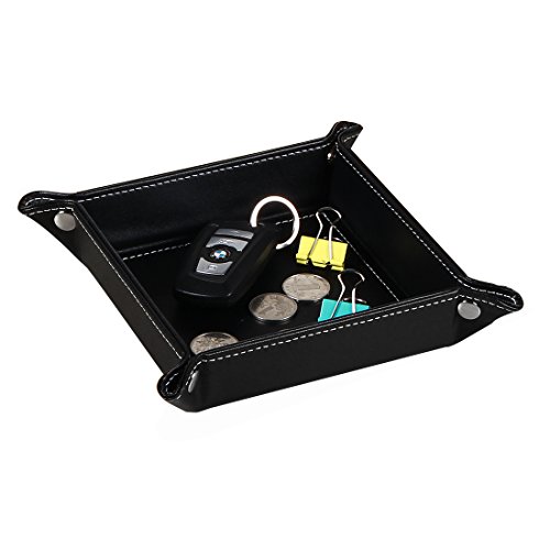 Leather Mens Valet Tray, Catchall Trinket Jewelry Key Phone Coin Box Travel Valet Tray Caddy Bedside Storage Tray(Black)