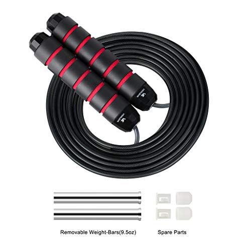 VOXLOVA Weighted Speed Jump Rope - Removable Weights, Adjustable Wire Steel Cable, Memory Foam Handles, Professional Skipping Rope for Cardio Fitness Workouts (9.5oz Weight bar-Black)