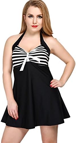Women Plus Size Swimwear High Waist Swimsuits Polka Dots Halter Swim Dress Stripes Bathing Suit Summer Beach Wear - 2 Pieces(DL-518-BS-US14)