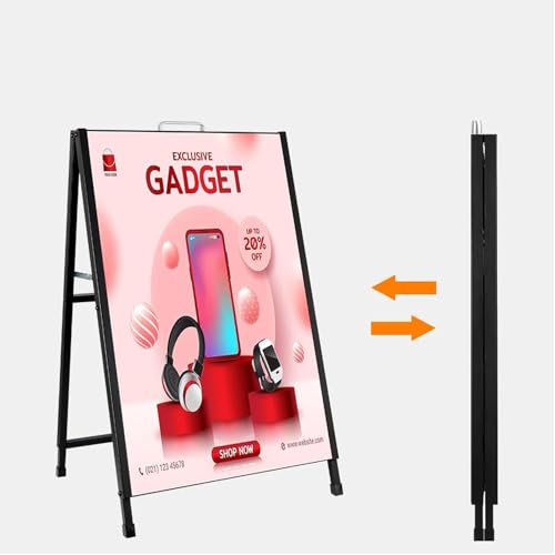 A Frame Sign Double-Sided, Folding Sandwich Board, Heavy Duty Slide-in Sidewalk Signboard, Metal Pavement sign(Frame only)), Black 60 * 90 * 105Cm