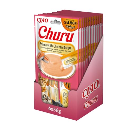 INABA Churu Sticks Cat Treat - Salmon with Chicken - 12 Pack (48 x 14g) / Soft & Creamy Cat Treat, Delicious & Healthy Snack, Lickable Sticks, Hand Feeding, Natural, Grain Free, High in Moisture