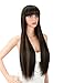 Kalyss 28 inches Women's Long Silky Straight Black Brown Highlights Heat Resistant Smooth Yaki Synthetic Wig With Bangs Hair Replacement Wig for Women (Black with light brown highlights)