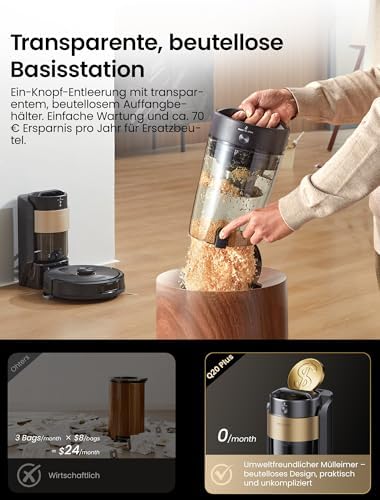 Q20 Plus Saugroboter mit Wischfunktion, 10000Pa 200min Staubsauger Roboter mit Beutellose Entleerungsstation, 3-in-1 Saug und Wischroboter für Tierhaare, Teppiche, Hartböden, Schwarz