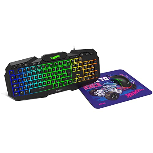 KROM Set keyboard, mouse and mouse pad Hot Wheels edition KUSTOM-NXKROMKUSTOMHW- RGB Membrane Keyboard, Mouse 7200 DPI optical sensor, soft and resistant cloth mouse pad, Spanish Layout, black