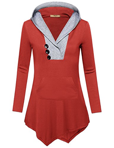 Miusey Lightweight Pullover, Women Autumn V Neck Hooded T Shirt Casual Hoodie Thin Thermal Drape Tops Baggy A-Line Tunic Uneven Elegant Easy Fit Vintage Sweater with Pockect Orange Red L