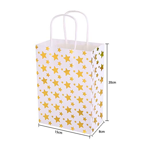 XNX 24 Pack Paper Gift Bags Party Favor Bags Recyclable Goodie Bags for Birthdays, Weddings, Baby Showers,Shopping.Gold Foil Stars Design, White(15 * 21 * 8cm) (Gold Foil Star)