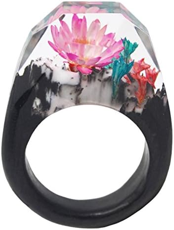 Handmade Colorful Flower World Natural Wood Resin Ring Gift for Women