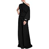 CHICME Womens Elegant 2 Piece Outfits One Shoulder Lantern Sleeve Side Slit Top and Flowy Wide Leg Pants Set