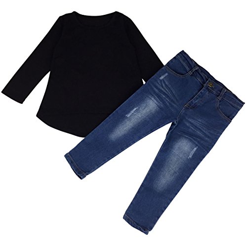 Jastore 2 pcs Kids Girls Clothing Set Long Sleeve Tops+Jeans Pants Set Outfit (5T, Black)