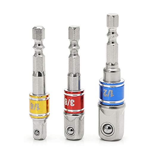 3Pcs 1/4" 3/8" 1/2"Hex Socket Adapter Drill Bits Set,Impact Grade Socket Wrench Adapter Extension Set,105°Right Angle Drill Bit Adapter Attachment 1/4" Drive Hex Magnetic Bit Socket Screwdriver Drill