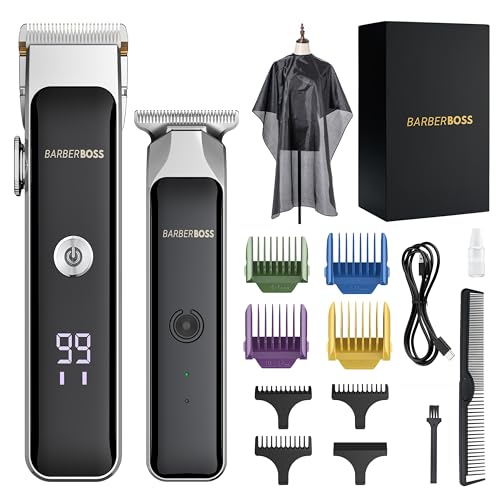 BarberBoss Portable Beard Trimmer Men, Professional Facial Groomer, Men’s Hair Clippers, Self-Sharpening Ceramic Blade, Precision Dial, USB Charging, Red/Green & LED Indicator, QR-2682