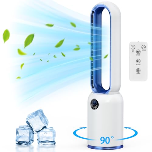 Bladeless Fan, Column Bladeless Floor Fan with Remote, 24 Speeds Silent Tower Fan 90° Oscillating, Touch Screen LED Display, 12H Timer, Brushless DC Pedestal Fan for Bedroom, Office (Blue)