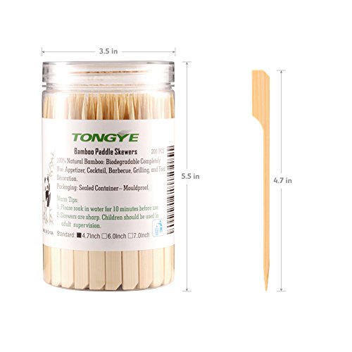 Bamboo Paddle Skewers 4.7 Inch with Clear Cylinder, Premium Cocktail Picks, Barbecue Stick. Decoration for Party Food, Appetizer, Dessert, Fruit, Sausage, Burger, Prawn, Kebab. (200PCS Natural Color)