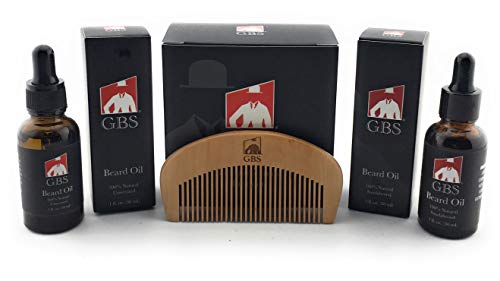 GBS Premium Beard Grooming Gift Set - Anti Static Bamboo Wood Beard Comb + Natural Unscented Beard Oil & Sandalwood Beard Oil 1oz Glass Bottles. Leave-in Oils Condition & Promote Beard Growth