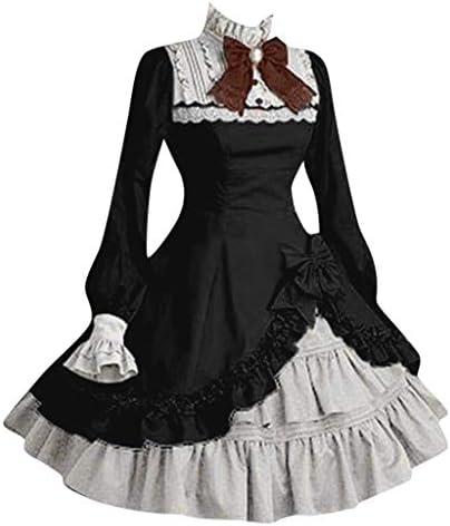 Lolita Dress for Women with Bow, British Style Long Flare Sleeve Princess Dresses for Party, Cosplay, Retro Cute Lace Dresses Costumes UK 8-18