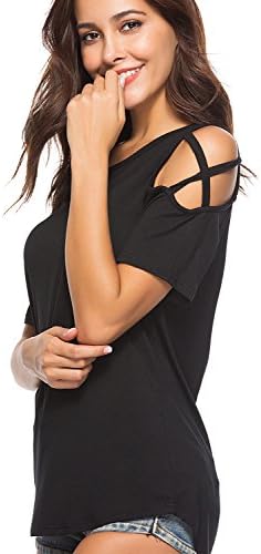 Yucharmyi Women's Short Sleeve Casual Cold Shoulder Tunic Tops Loose Blouse Shirts (Black, XL)