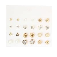 TraveT 12 Pairs/Set Fashion Faux Pearl Crystal Heart Stud Earring Set Cute Elegant Popular Gold Plated Alloy Triangle Earrings Jewelry for Women