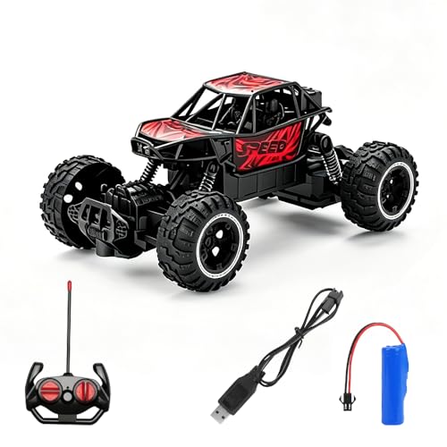 Carro de Controle Remoto Off-road, Recarregável, para Todos os Tipos de Terreno, com Faróis, Brinquedo Infantil para Atividades ao ar Livre (Vermelho e Preto)