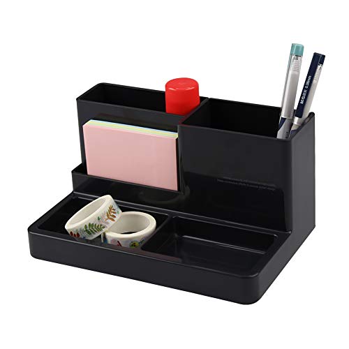 Desk Organizer Caddy with 5 Compartments Office Workspace Desktop Holder Stable Plastic Stationery Storage Box for Pencils,Markers,Erasers,Pens,Thumbtack (7.1" x4.8" x3.6")(Black)