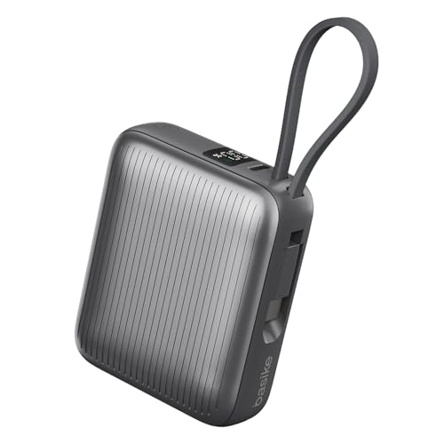 Basike Power Bank, Carregador Portátil 10000mAh 35W, 2-Saídas com Cabo Tipo-C Integrado, Bateria Externa de Carregamento Rápido PD/QC para iPhone Séries 17/16/15, Samsung S25/24/23/22 (Cinza)